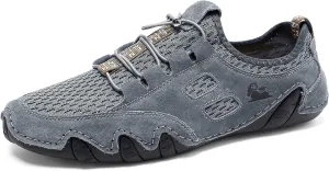 Men's Handmade Leather Mesh Trail Shoes for Walking Hiking Slip-on Summer Sports Shoes Breathable Non-Slip Sneakers