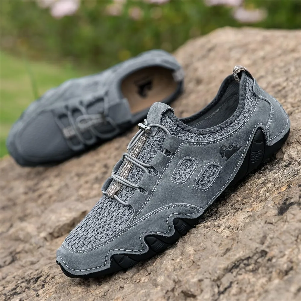 Men's Handmade Leather Mesh Trail Shoes for Walking Hiking Slip-on Summer Sports Shoes Breathable Non-Slip Sneakers