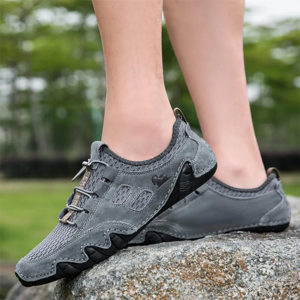 Men's Handmade Leather Mesh Trail Shoes for Walking Hiking Slip-on Summer Sports Shoes Breathable Non-Slip Sneakers