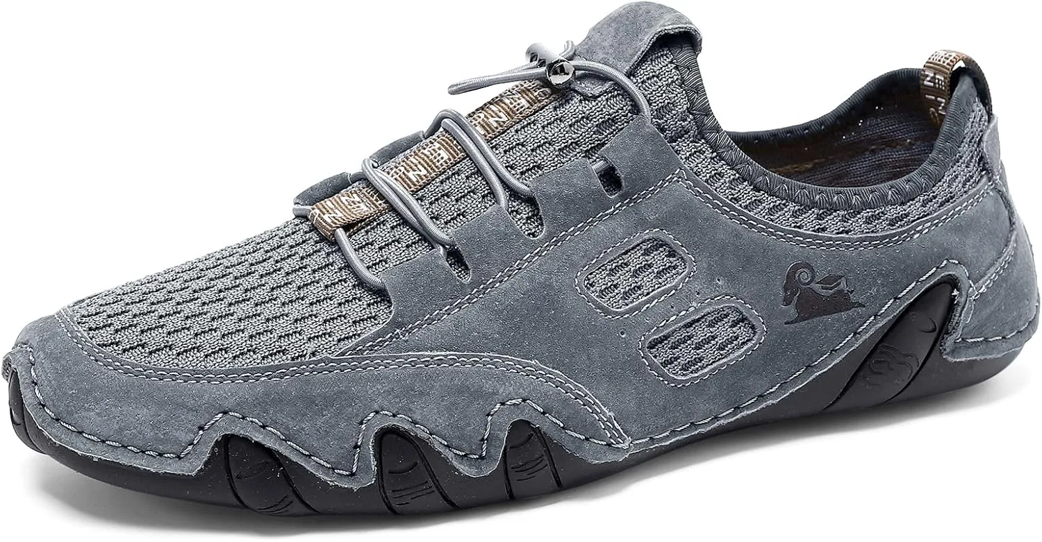 Men's Handmade Leather Mesh Trail Shoes for Walking Hiking Slip-on Summer Sports Shoes Breathable Non-Slip Sneakers