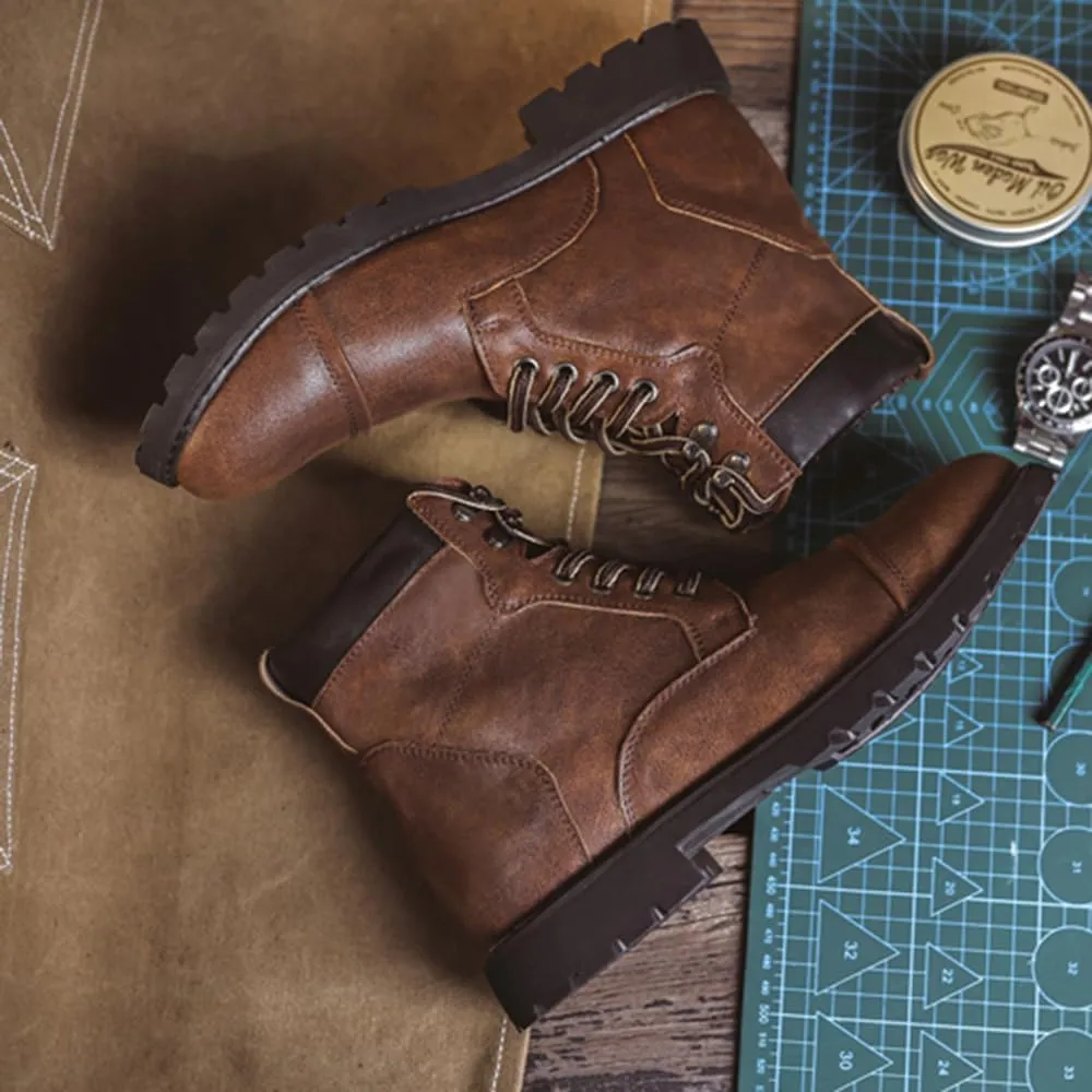 Men's Motorcycle Boots Black Platform Lace Up Combat Boots PU Leather Dress Boot for Business Casual