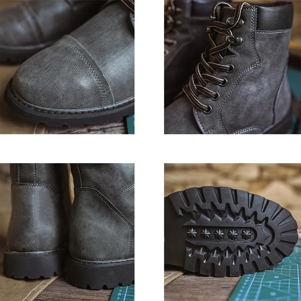 Men's Motorcycle Boots Black Platform Lace Up Combat Boots PU Leather Dress Boot for Business Casual