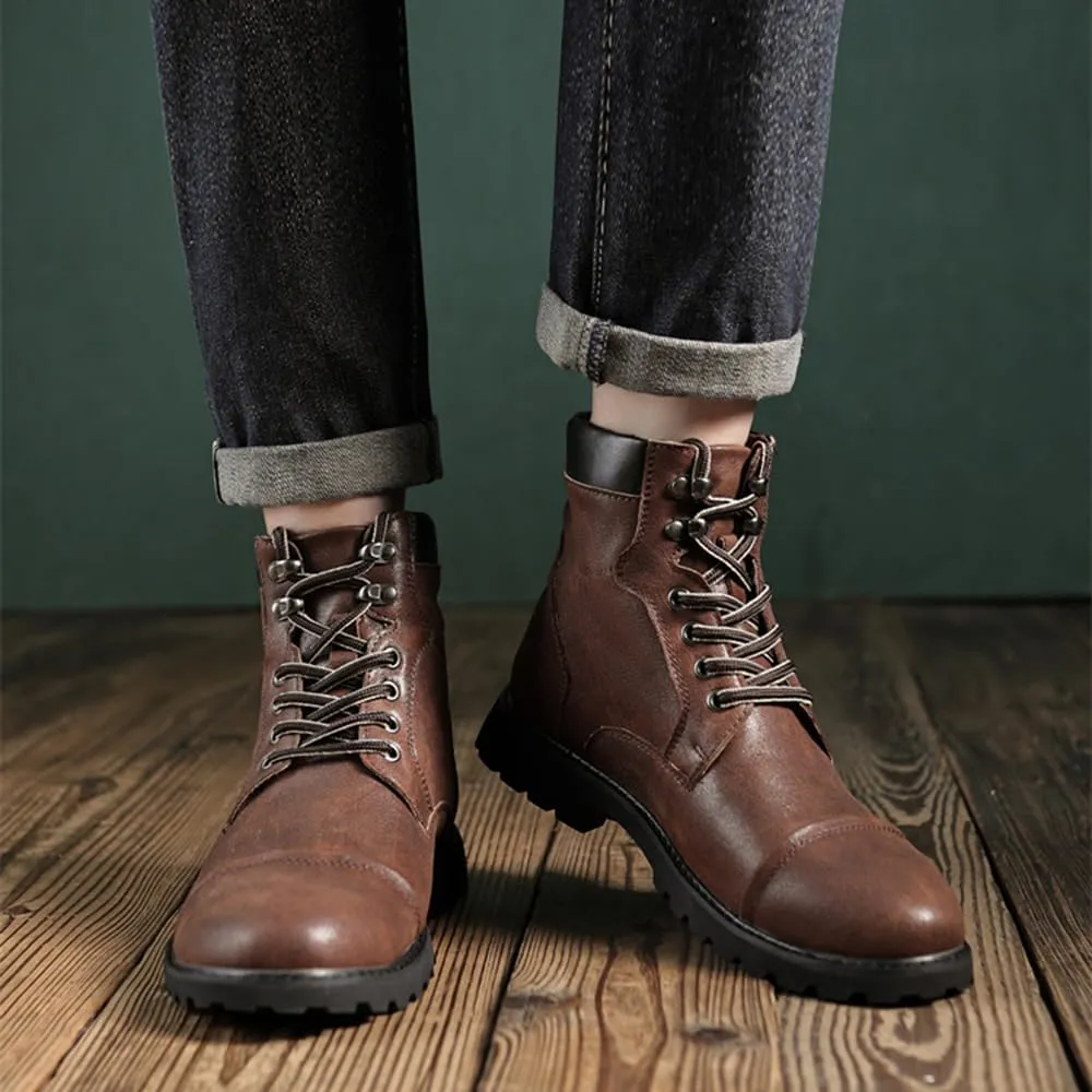 Men's Motorcycle Boots Black Platform Lace Up Combat Boots PU Leather Dress Boot for Business Casual