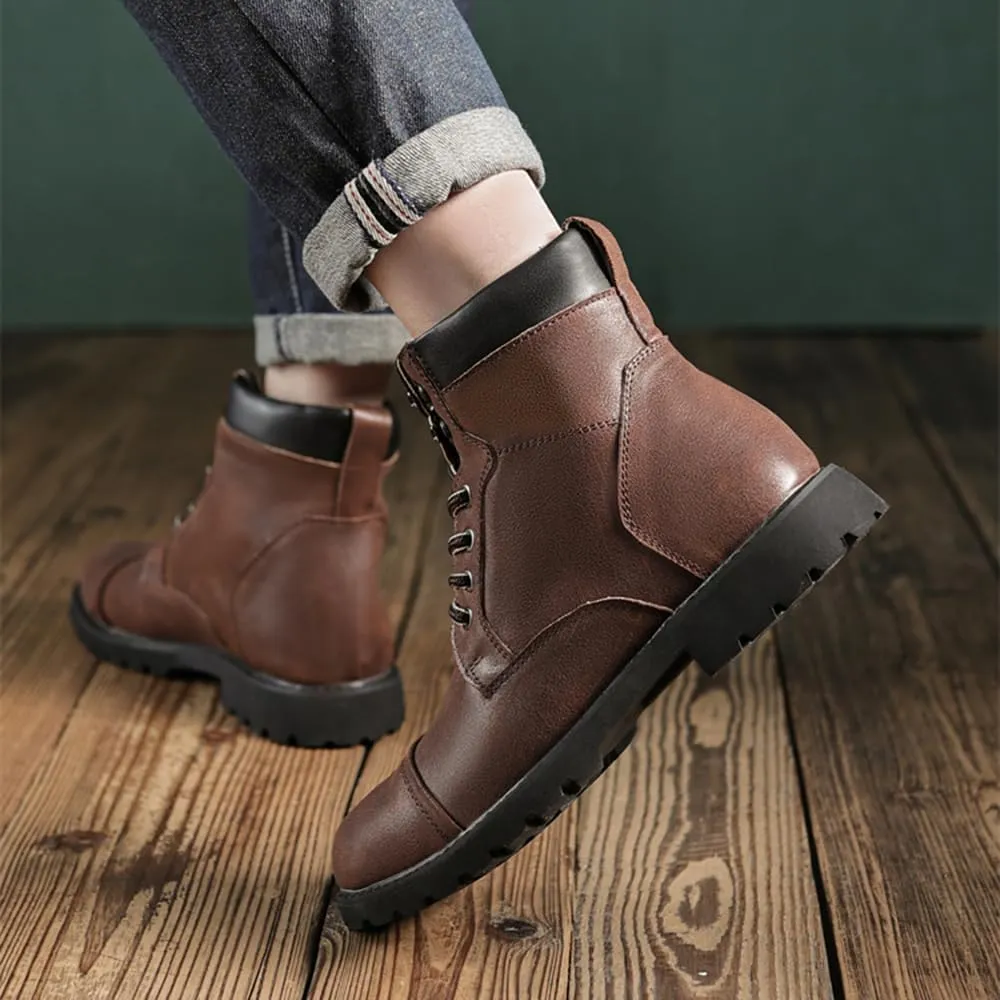 Men's Motorcycle Boots Black Platform Lace Up Combat Boots PU Leather Dress Boot for Business Casual