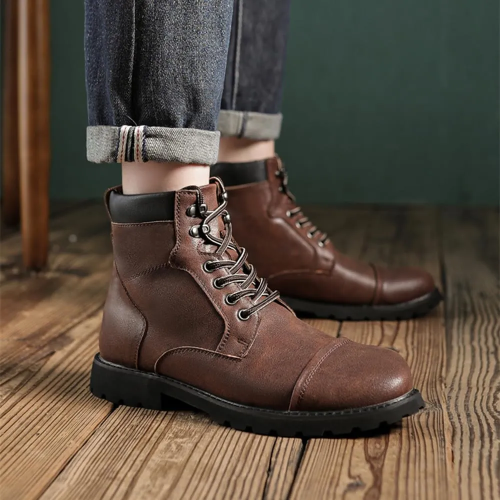 Men's Motorcycle Boots Black Platform Lace Up Combat Boots PU Leather Dress Boot for Business Casual
