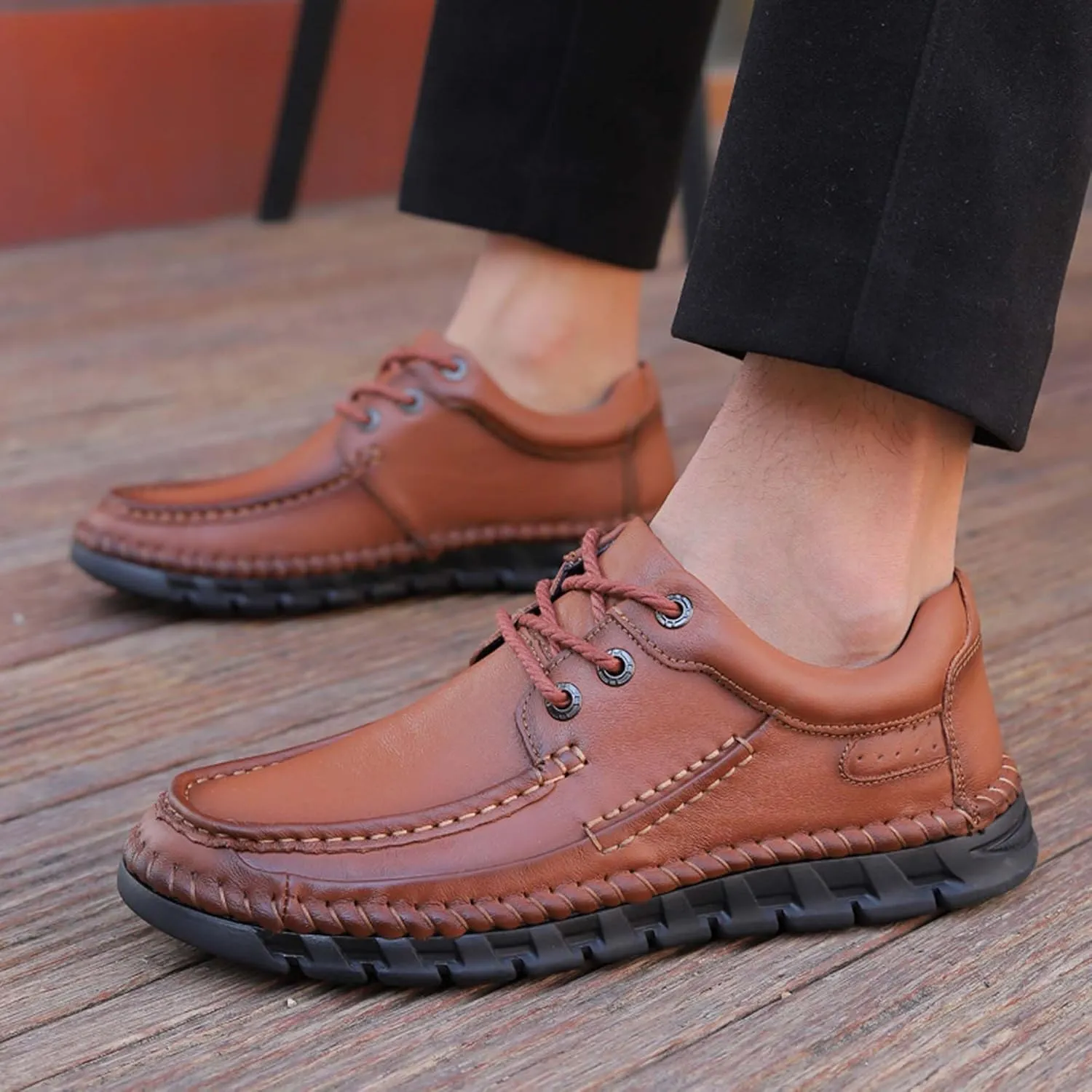 Men's Premium First Layer Cowhide Leather Walking Shoes,Flat Casual Shoes,Casual Loafers Men's,Leather Casual Sneakers,Driving Shoes,Hand Sewn,Two Closure Type Options
