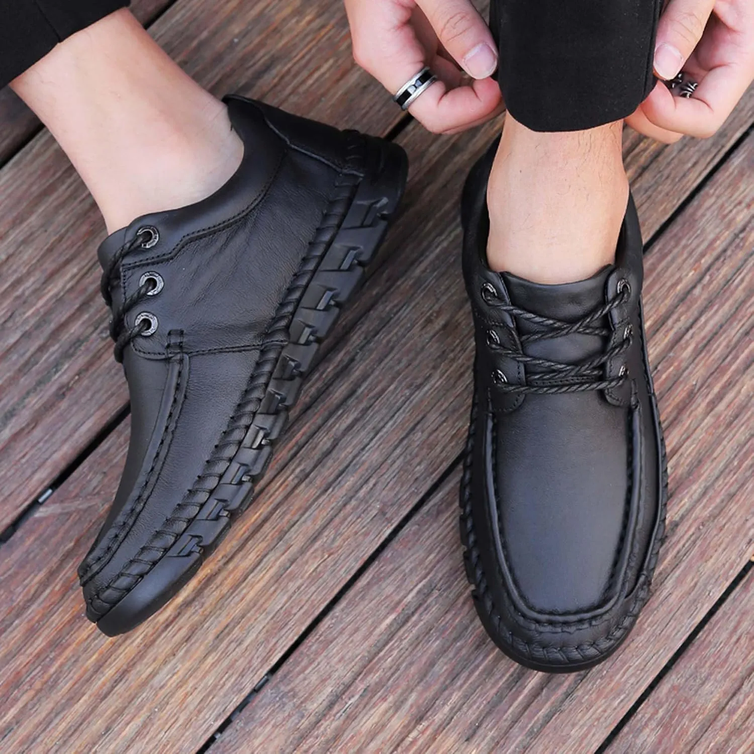 Men's Premium First Layer Cowhide Leather Walking Shoes,Flat Casual Shoes,Casual Loafers Men's,Leather Casual Sneakers,Driving Shoes,Hand Sewn,Two Closure Type Options
