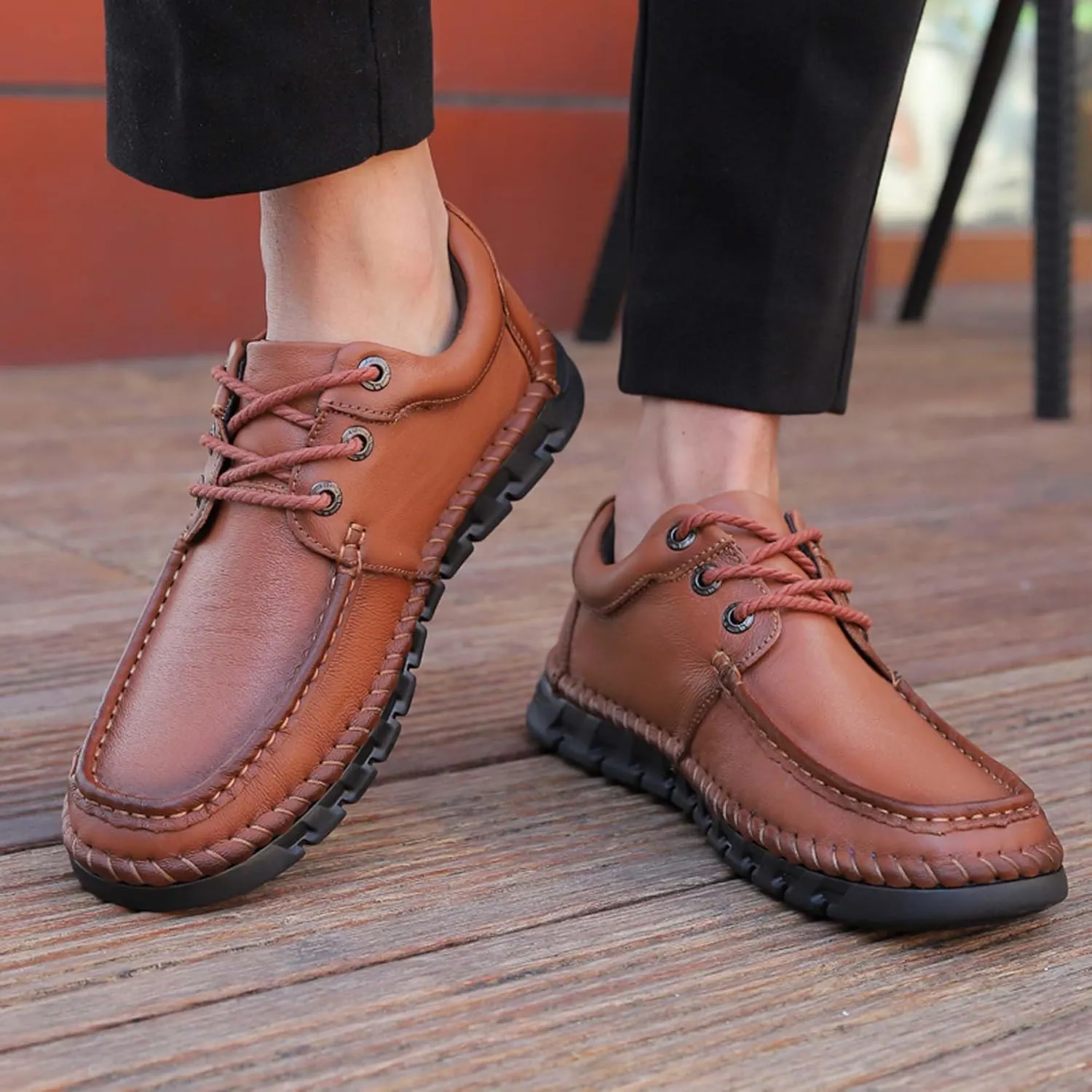 Men's Premium First Layer Cowhide Leather Walking Shoes,Flat Casual Shoes,Casual Loafers Men's,Leather Casual Sneakers,Driving Shoes,Hand Sewn,Two Closure Type Options