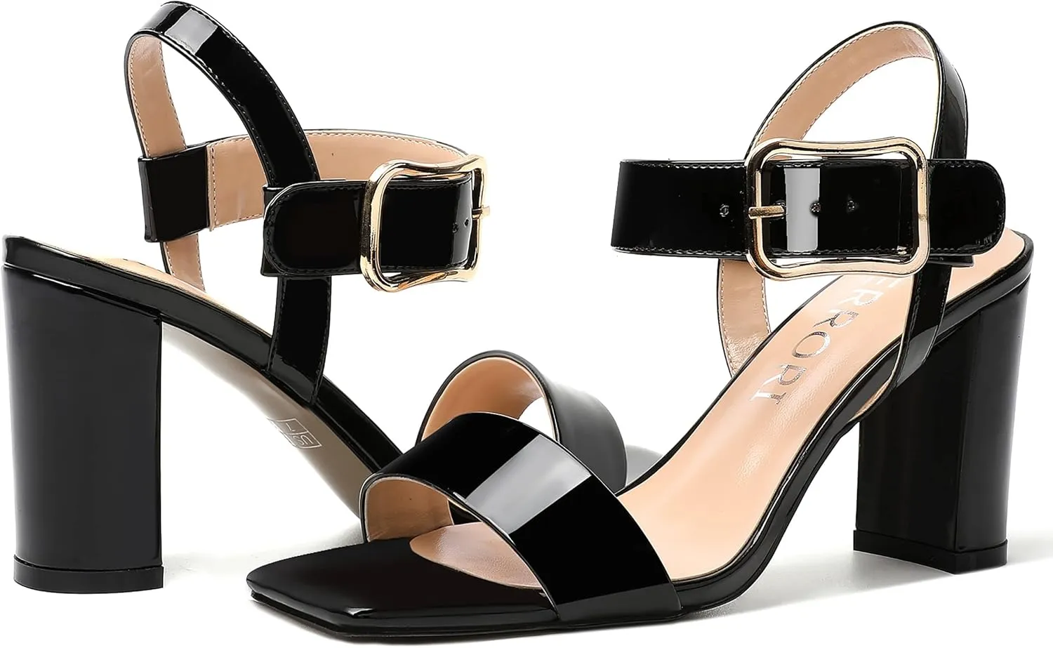 MERRORI Womens Ankle Strap Patent Mule Open Toe Sexy Dating Buckle Chunky High Heel Heeled Sandals 3.3 Inch