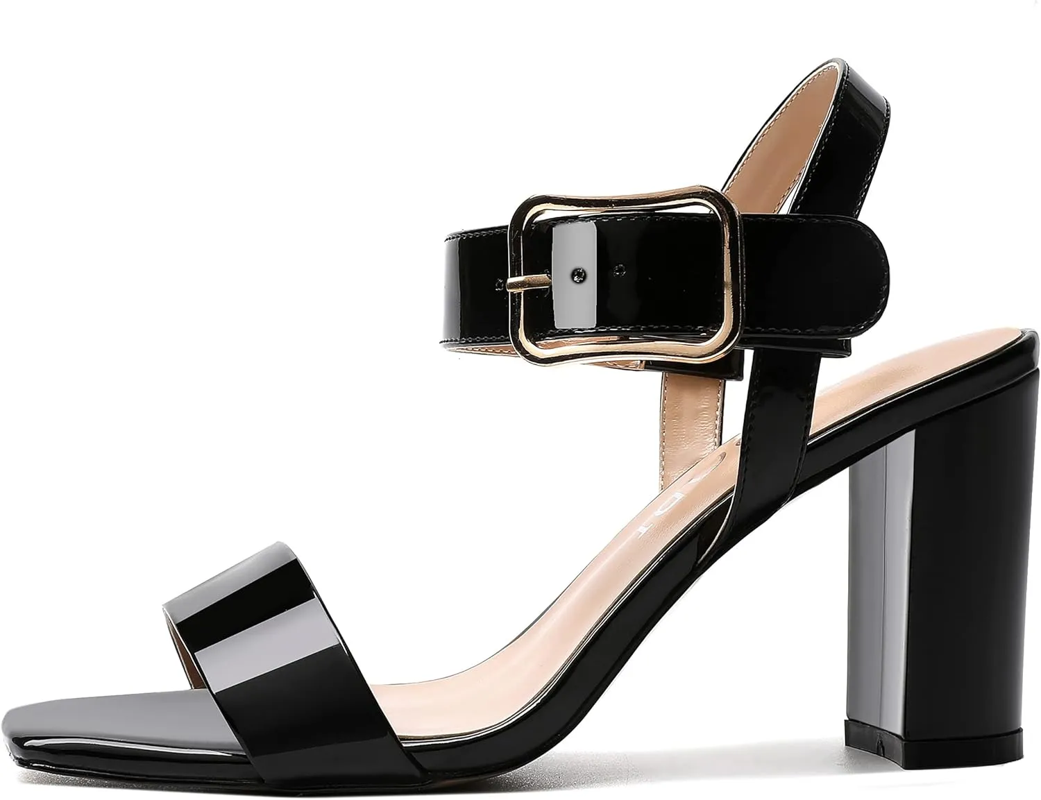 MERRORI Womens Ankle Strap Patent Mule Open Toe Sexy Dating Buckle Chunky High Heel Heeled Sandals 3.3 Inch