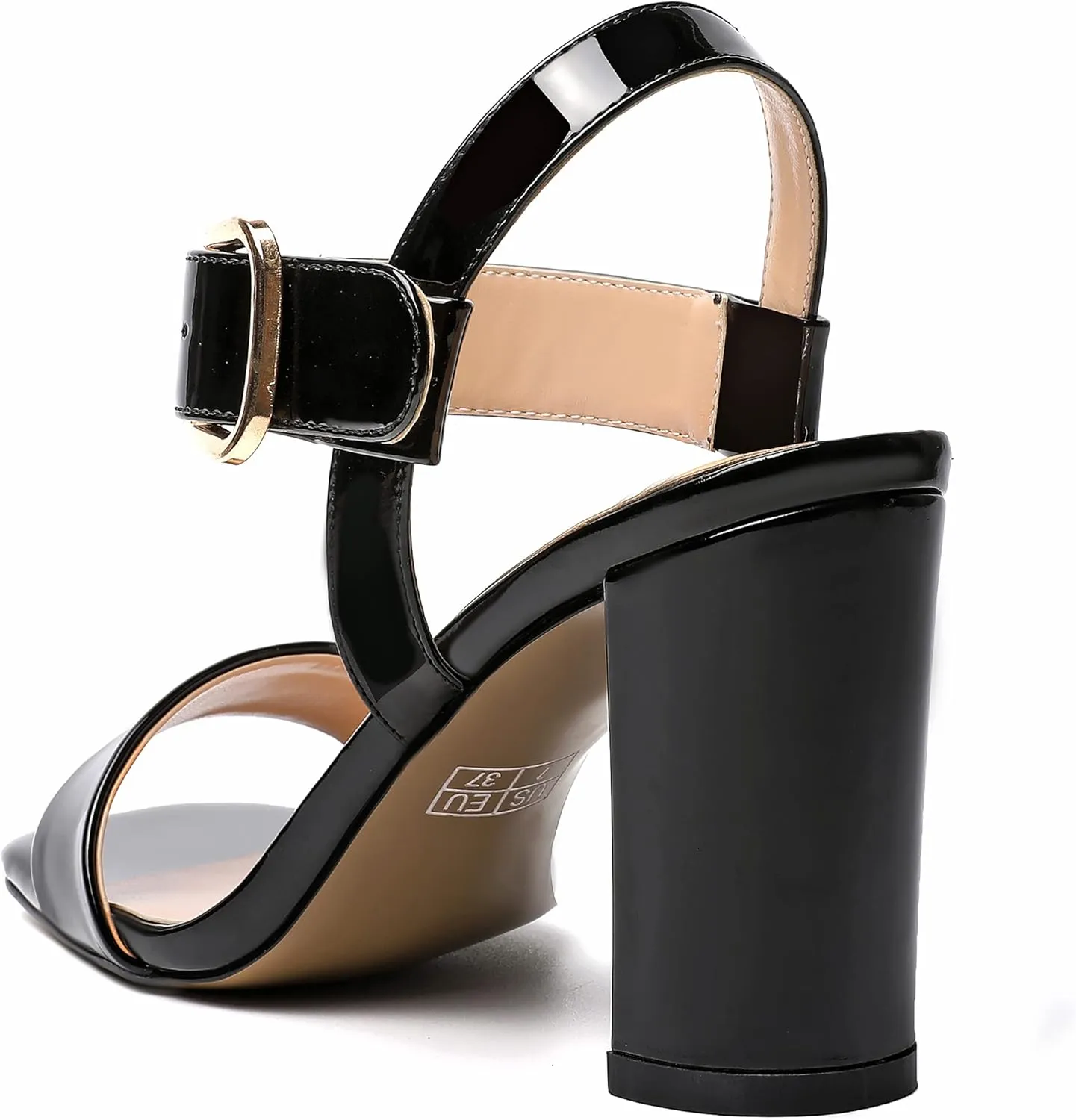 MERRORI Womens Ankle Strap Patent Mule Open Toe Sexy Dating Buckle Chunky High Heel Heeled Sandals 3.3 Inch