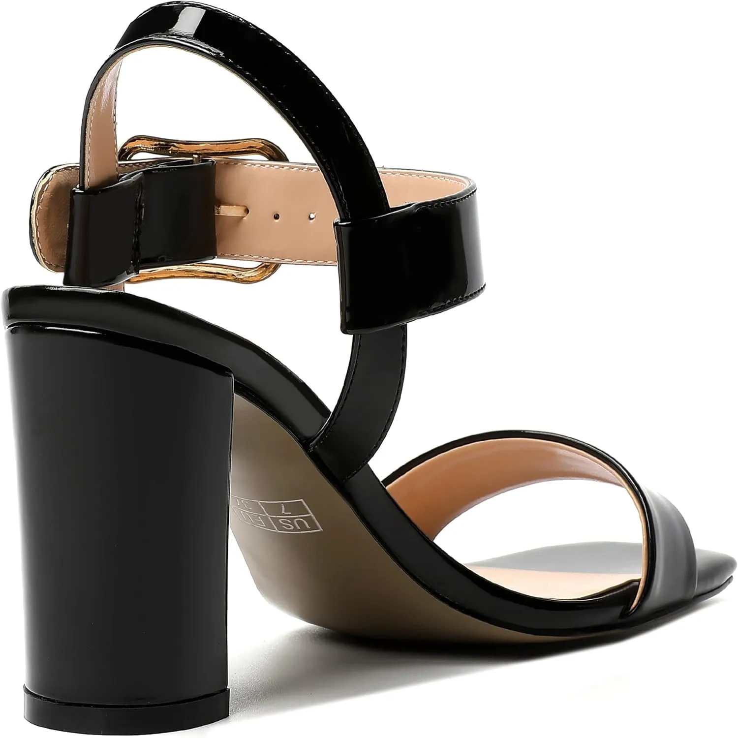 MERRORI Womens Ankle Strap Patent Mule Open Toe Sexy Dating Buckle Chunky High Heel Heeled Sandals 3.3 Inch