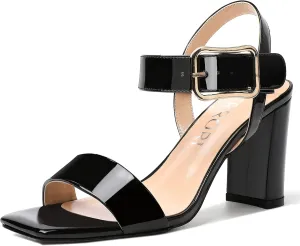MERRORI Womens Ankle Strap Patent Mule Open Toe Sexy Dating Buckle Chunky High Heel Heeled Sandals 3.3 Inch