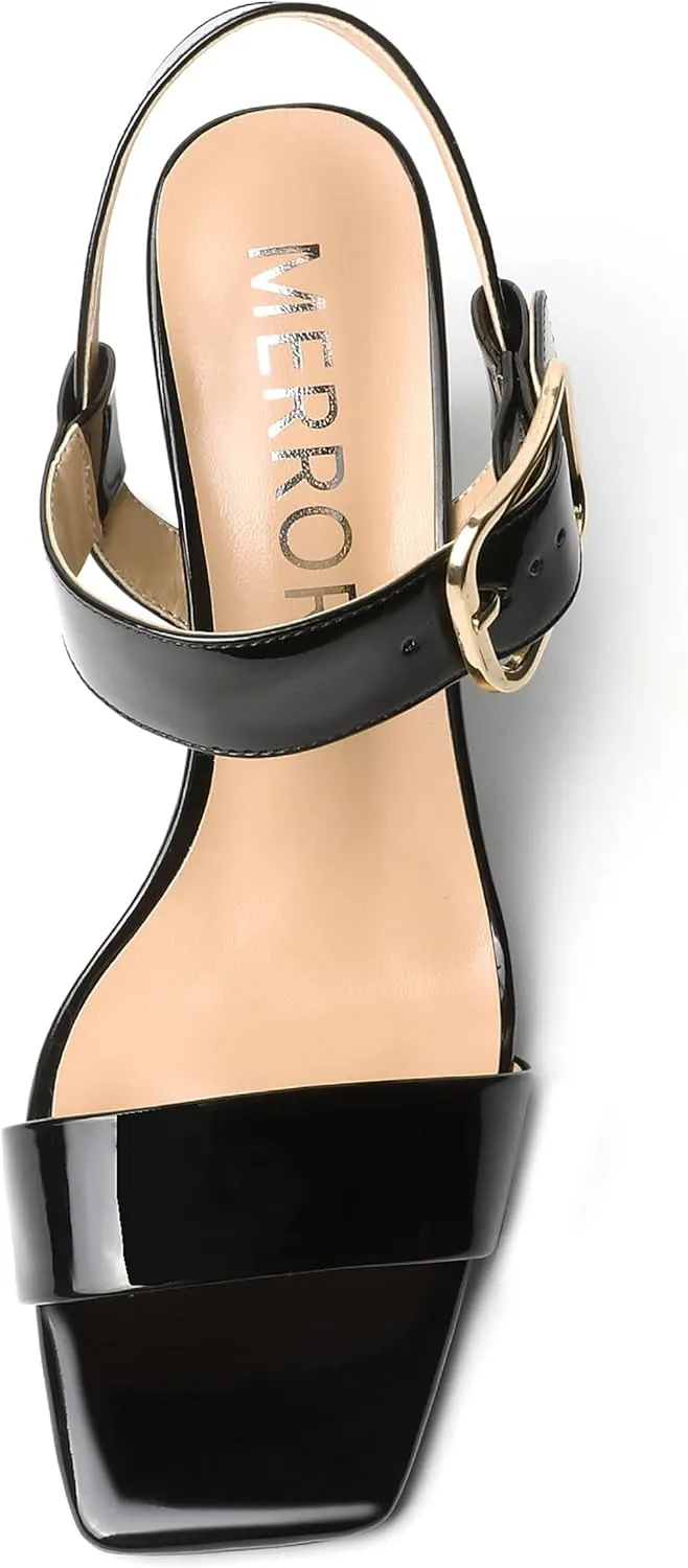 MERRORI Womens Ankle Strap Patent Mule Open Toe Sexy Dating Buckle Chunky High Heel Heeled Sandals 3.3 Inch