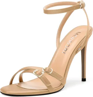 MERRORI Women's High Stiletto Slingback Buckle Heels Open Round Toe Ankle Strap Sexy Comfortable Satin Sandals Wedding Bridal Evening Prom Party Dress Shoes