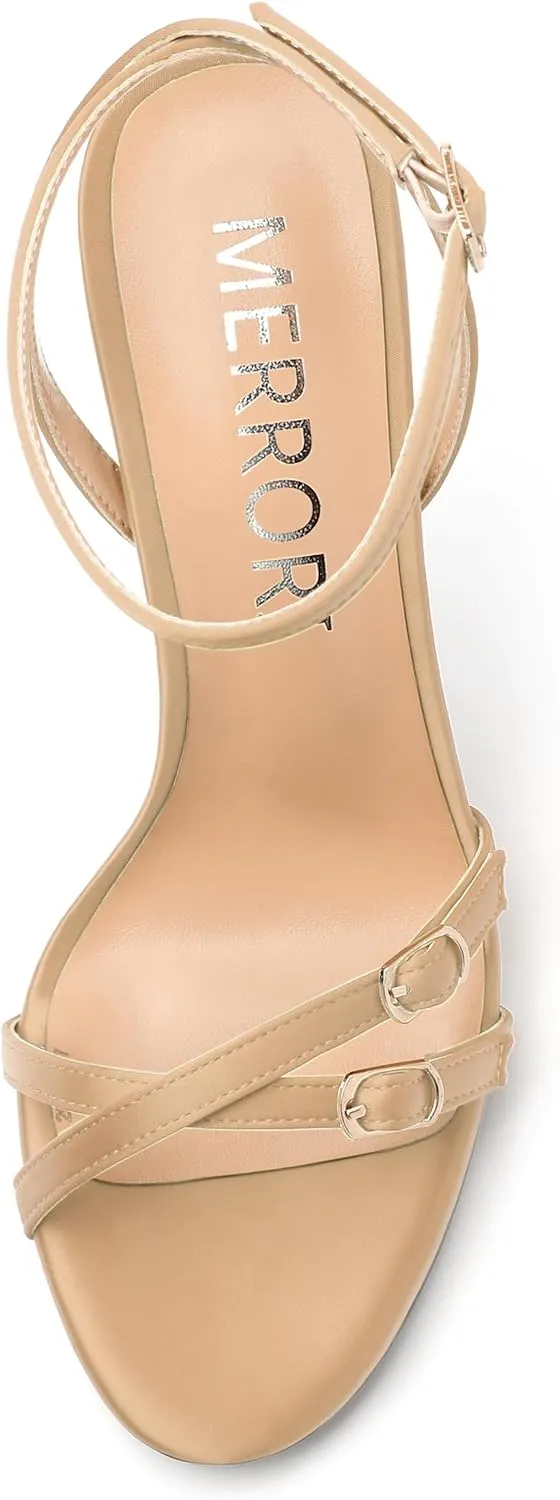 MERRORI Women's High Stiletto Slingback Buckle Heels Open Round Toe Ankle Strap Sexy Comfortable Satin Sandals Wedding Bridal Evening Prom Party Dress Shoes