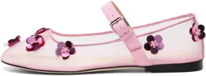 Mesh Ballet Flats for Women Floral Embellished Round Toe Mary Jane Ballerina Shoes Sequined Flower Ankle Buckle Casual Comfortable Flat Shoes