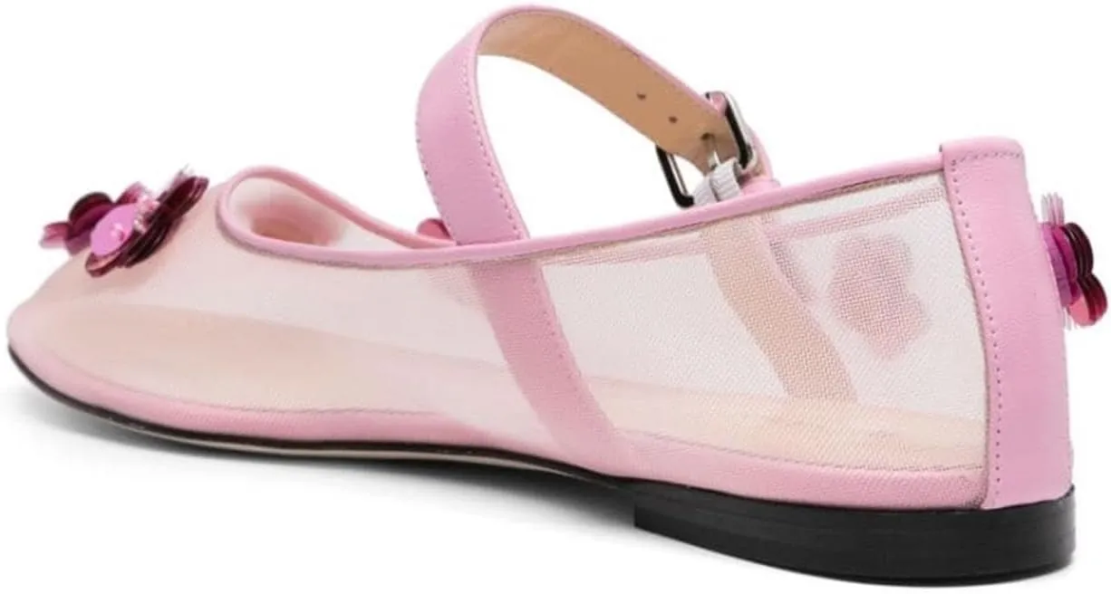 Mesh Ballet Flats for Women Floral Embellished Round Toe Mary Jane Ballerina Shoes Sequined Flower Ankle Buckle Casual Comfortable Flat Shoes