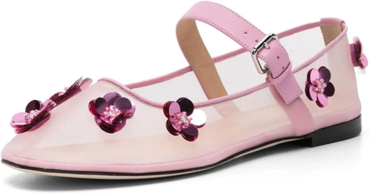 Mesh Ballet Flats for Women Floral Embellished Round Toe Mary Jane Ballerina Shoes Sequined Flower Ankle Buckle Casual Comfortable Flat Shoes