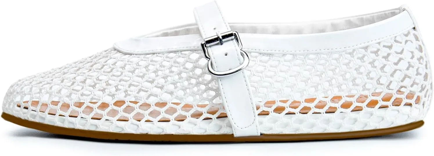 Mesh Ballet Flats for Women Round Toe Fishnet Mary Jane Flats Buckle Strap Casual Comfortable Office Ballerina Shoes