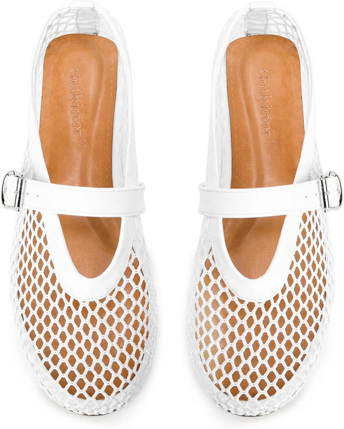 Mesh Ballet Flats for Women Round Toe Fishnet Mary Jane Flats Buckle Strap Casual Comfortable Office Ballerina Shoes