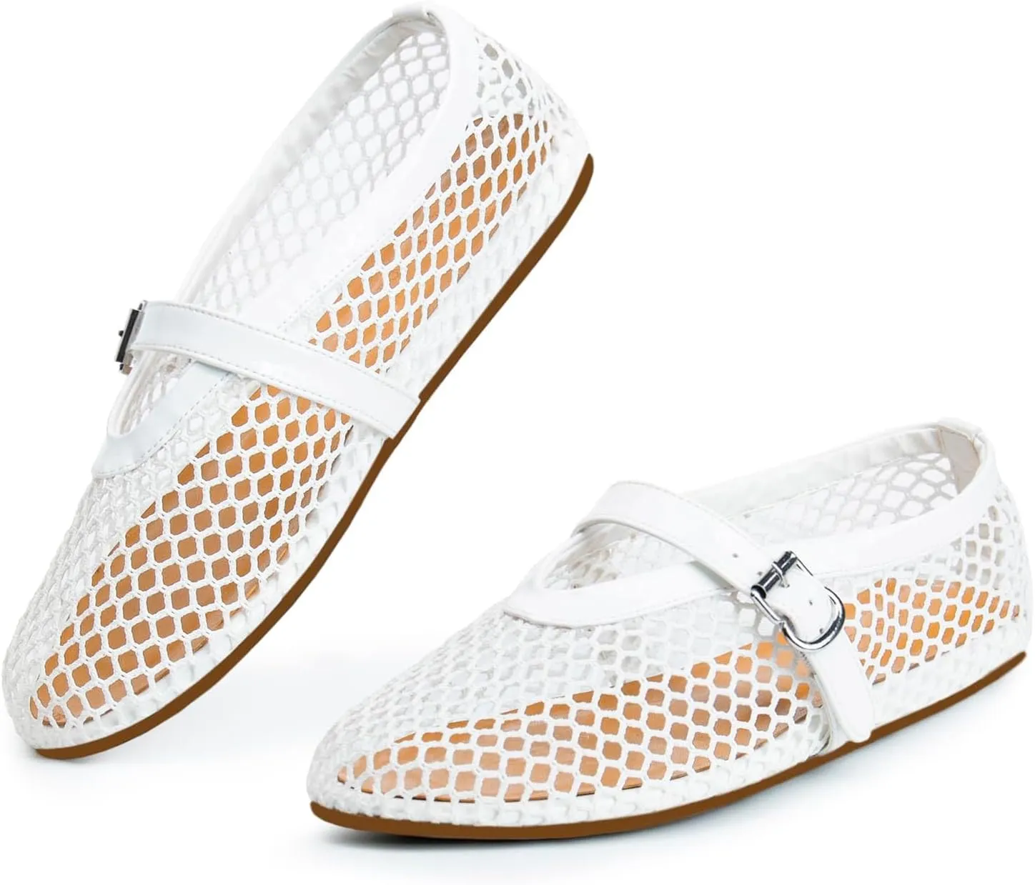 Mesh Ballet Flats for Women Round Toe Fishnet Mary Jane Flats Buckle Strap Casual Comfortable Office Ballerina Shoes