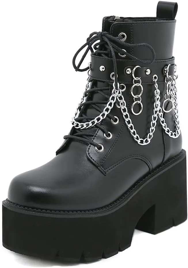 mikarka Women's Chain Platform Boots Lace Up & Zipper Chunky Heel Black Combat Ankle Booties Fashion Studded Motorcycle Boots
