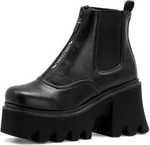 mikarka Zipper Studded Goth Platform Combat Ankle Boots for Women, Mid Chunky Block Heel Motorcycle Riding Mid Calf Boots