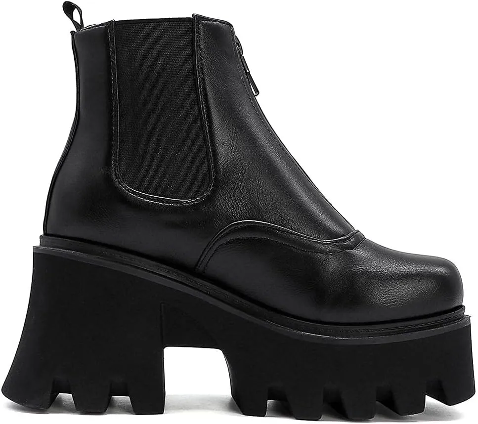 mikarka Zipper Studded Goth Platform Combat Ankle Boots for Women, Mid Chunky Block Heel Motorcycle Riding Mid Calf Boots