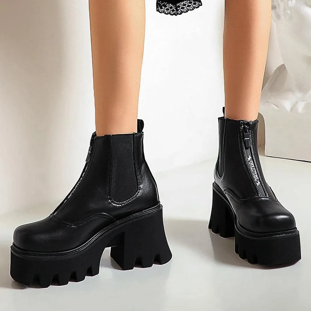 mikarka Zipper Studded Goth Platform Combat Ankle Boots for Women, Mid Chunky Block Heel Motorcycle Riding Mid Calf Boots