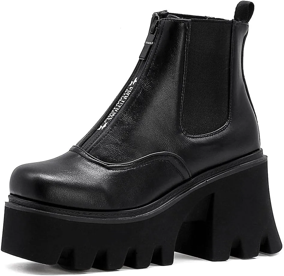 mikarka Zipper Studded Goth Platform Combat Ankle Boots for Women, Mid Chunky Block Heel Motorcycle Riding Mid Calf Boots