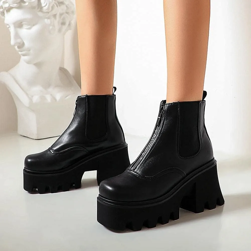 mikarka Zipper Studded Goth Platform Combat Ankle Boots for Women, Mid Chunky Block Heel Motorcycle Riding Mid Calf Boots