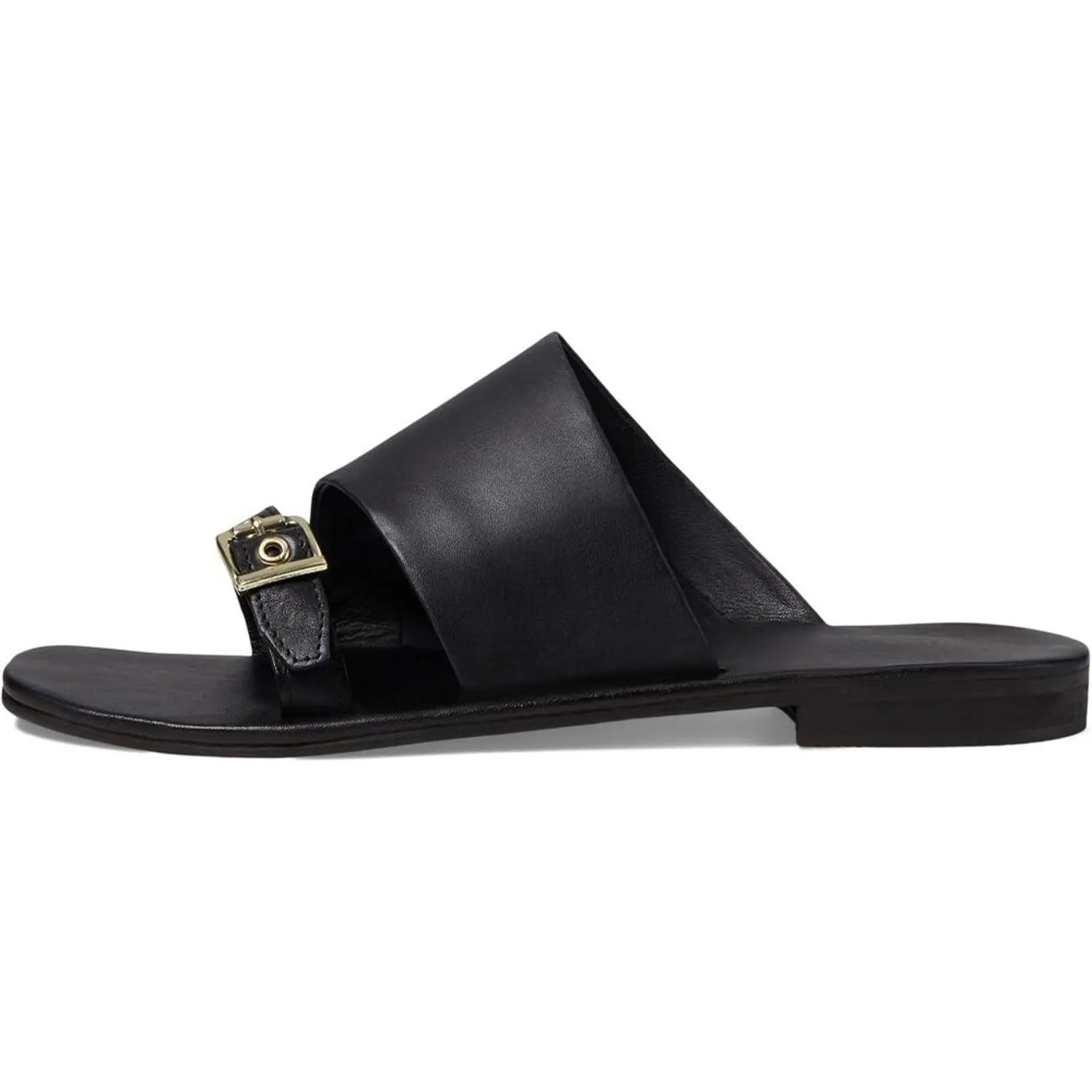 Mila Minimal Black Leather Flat Slide Sandals