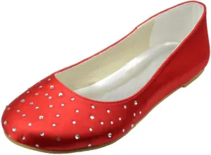 Minishion Girls Womens Round Toe Crystals Satin Slip-on Wedding Flats Evening Party Ballet Shoes
