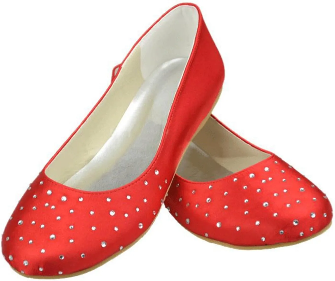 Minishion Girls Womens Round Toe Crystals Satin Slip-on Wedding Flats Evening Party Ballet Shoes