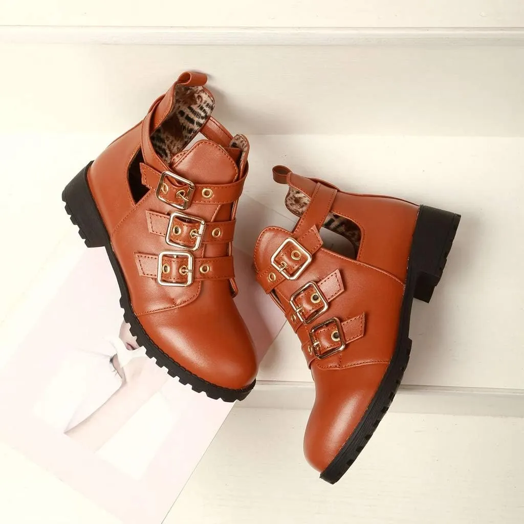 MIOKE Women's Flat Dressy Ankle Booties Fashion Round Toe Buckle Strappy Zipper Low Heel Combat Short Boots