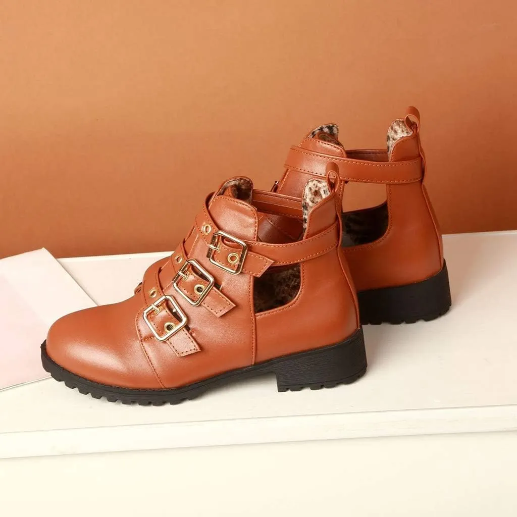 MIOKE Women's Flat Dressy Ankle Booties Fashion Round Toe Buckle Strappy Zipper Low Heel Combat Short Boots