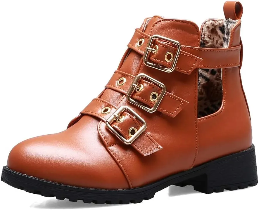 MIOKE Women's Flat Dressy Ankle Booties Fashion Round Toe Buckle Strappy Zipper Low Heel Combat Short Boots