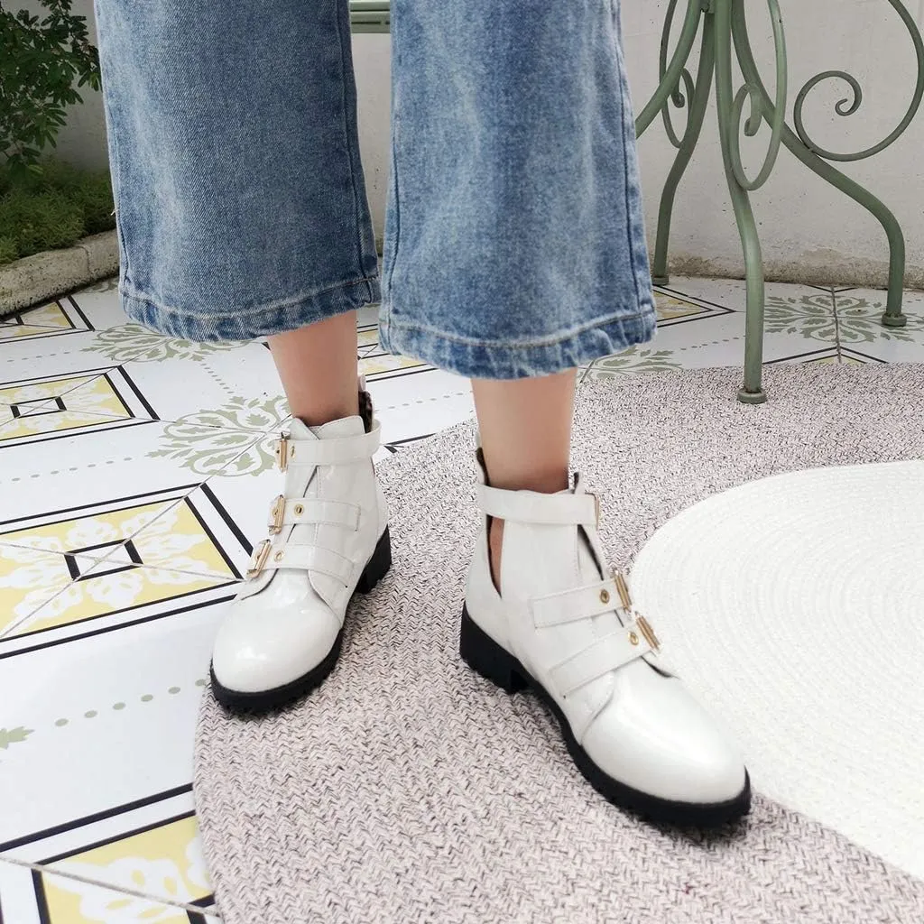 MIOKE Women's Flat Dressy Ankle Booties Fashion Round Toe Buckle Strappy Zipper Low Heel Combat Short Boots