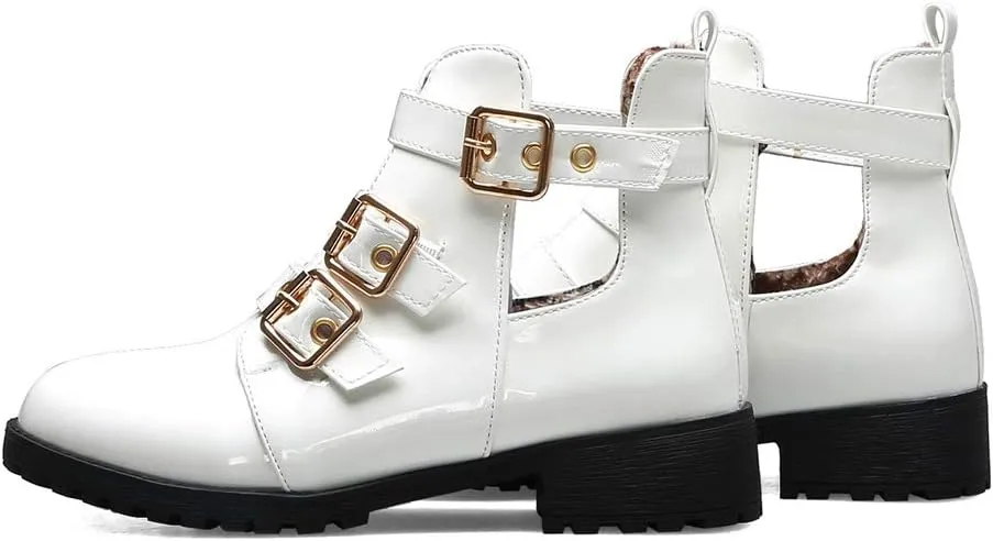 MIOKE Women's Flat Dressy Ankle Booties Fashion Round Toe Buckle Strappy Zipper Low Heel Combat Short Boots