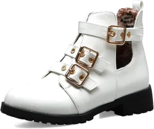 MIOKE Women's Flat Dressy Ankle Booties Fashion Round Toe Buckle Strappy Zipper Low Heel Combat Short Boots