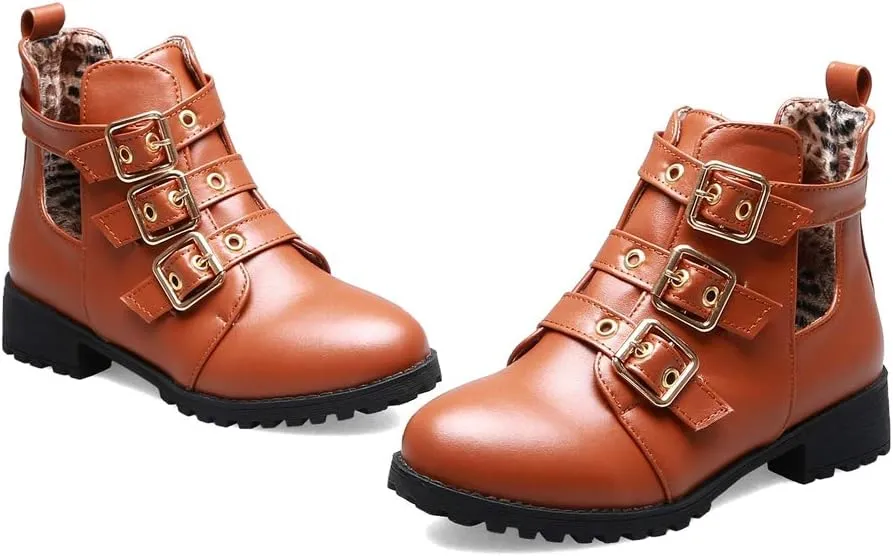MIOKE Women's Flat Dressy Ankle Booties Fashion Round Toe Buckle Strappy Zipper Low Heel Combat Short Boots
