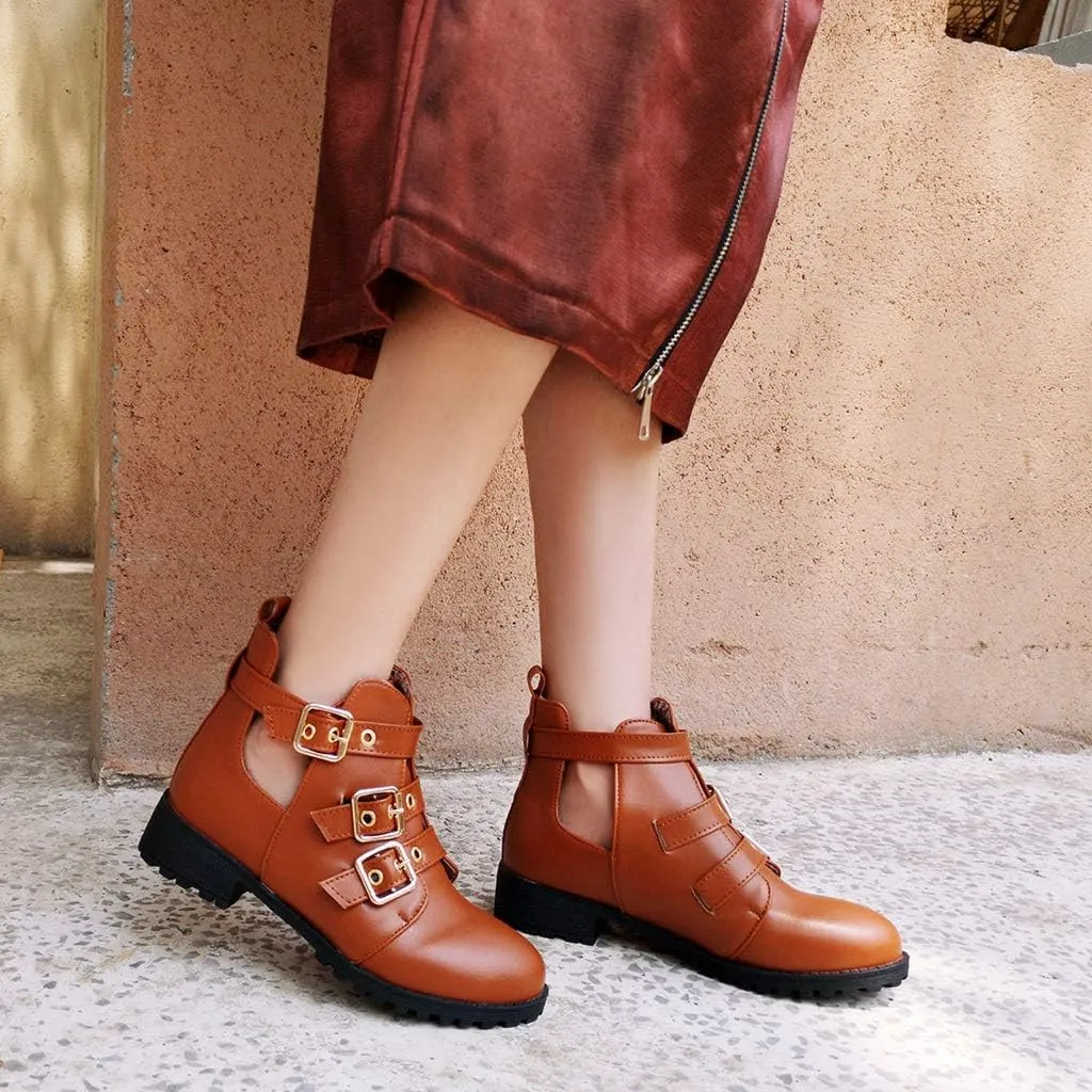 MIOKE Women's Flat Dressy Ankle Booties Fashion Round Toe Buckle Strappy Zipper Low Heel Combat Short Boots