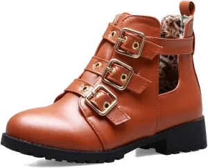 MIOKE Women's Flat Dressy Ankle Booties Fashion Round Toe Buckle Strappy Zipper Low Heel Combat Short Boots
