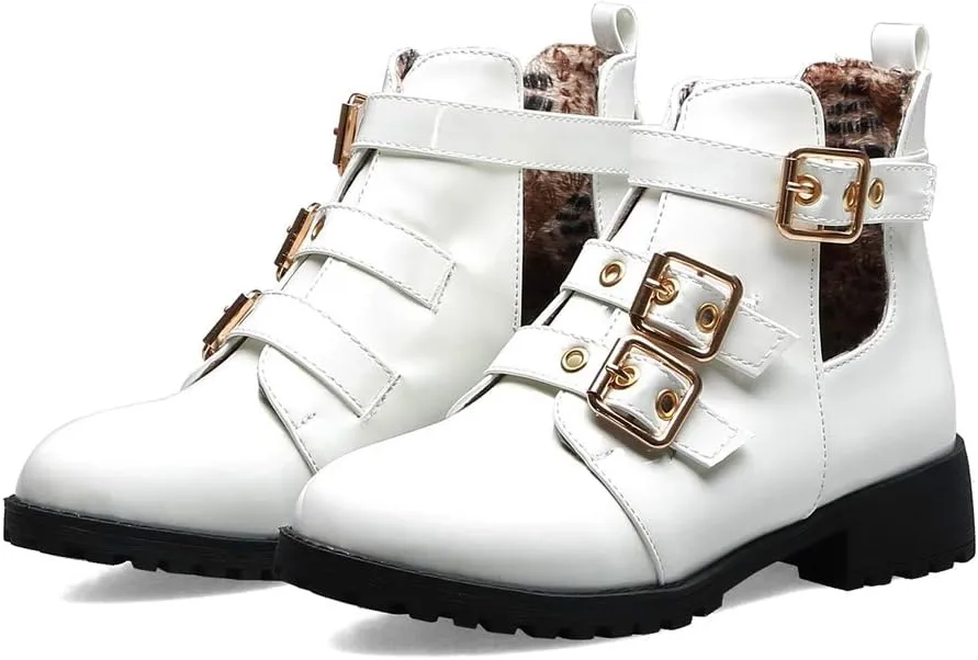 MIOKE Women's Flat Dressy Ankle Booties Fashion Round Toe Buckle Strappy Zipper Low Heel Combat Short Boots