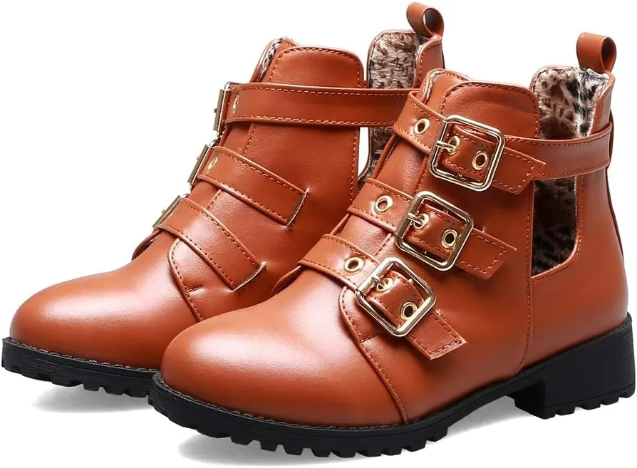 MIOKE Women's Flat Dressy Ankle Booties Fashion Round Toe Buckle Strappy Zipper Low Heel Combat Short Boots