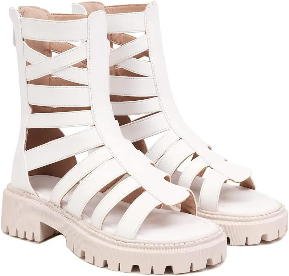 MIOKE Women's Open Toe Gladiator Flat Sandals Fashion Strappy Mid Calf Zipper Low Heel Dress Boots Shoes