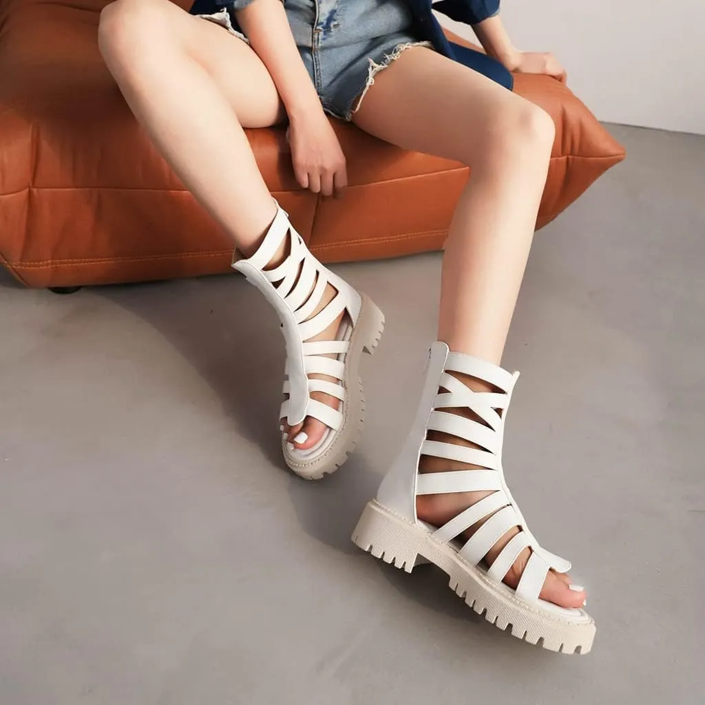 MIOKE Women's Open Toe Gladiator Flat Sandals Fashion Strappy Mid Calf Zipper Low Heel Dress Boots Shoes
