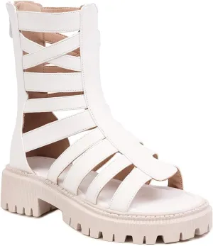 MIOKE Women's Open Toe Gladiator Flat Sandals Fashion Strappy Mid Calf Zipper Low Heel Dress Boots Shoes