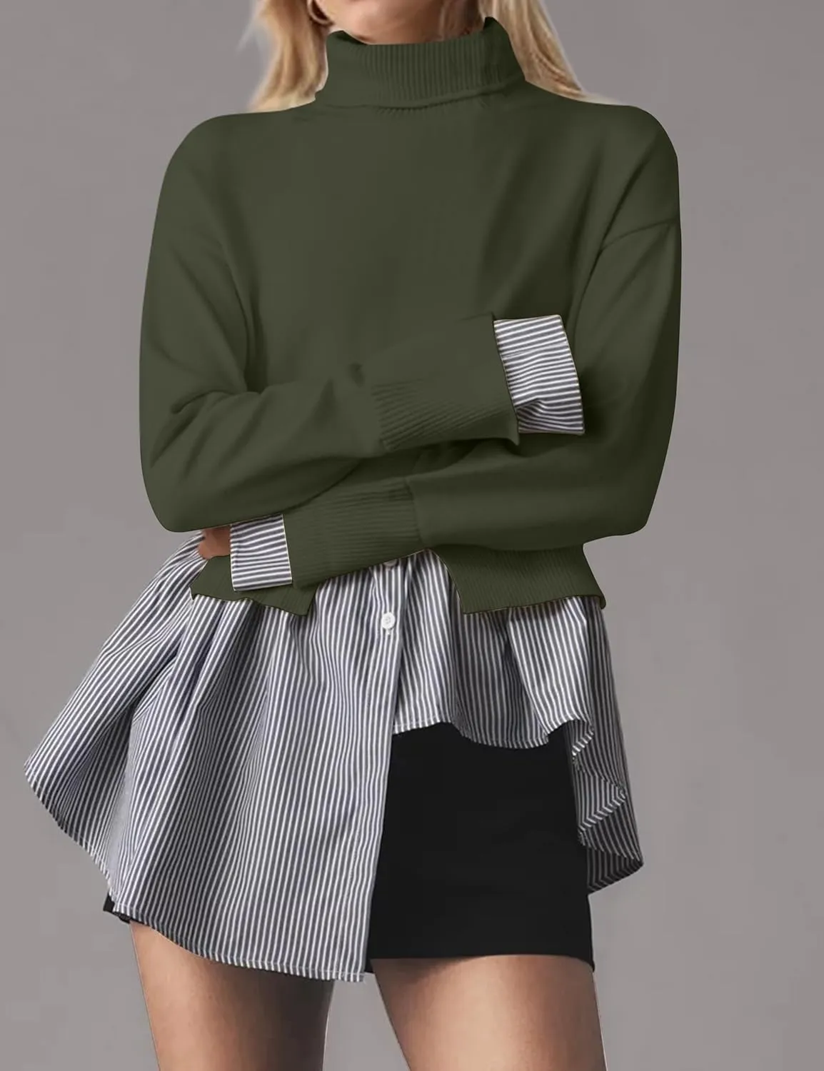 MISSACTIVER Women Slit Turtleneck Patchwork Sweater 2 in 1 Buttons Down Pullover Knit Sweater Asymmetrical Hem Shirt Top